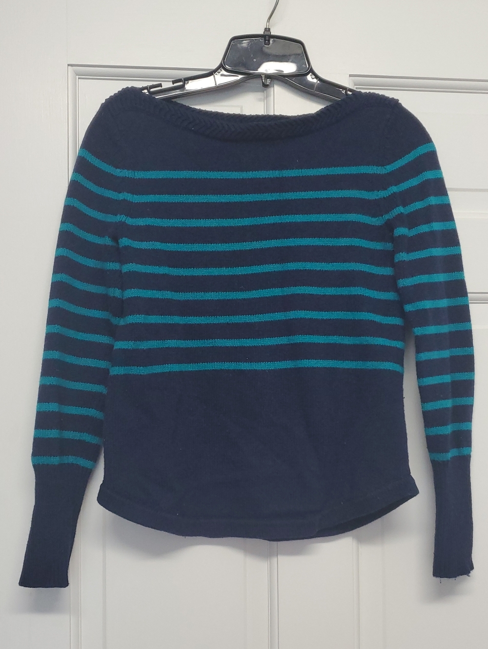 LOFT Navy and Teal Striped Off-the-Shoulder Sweater XS
